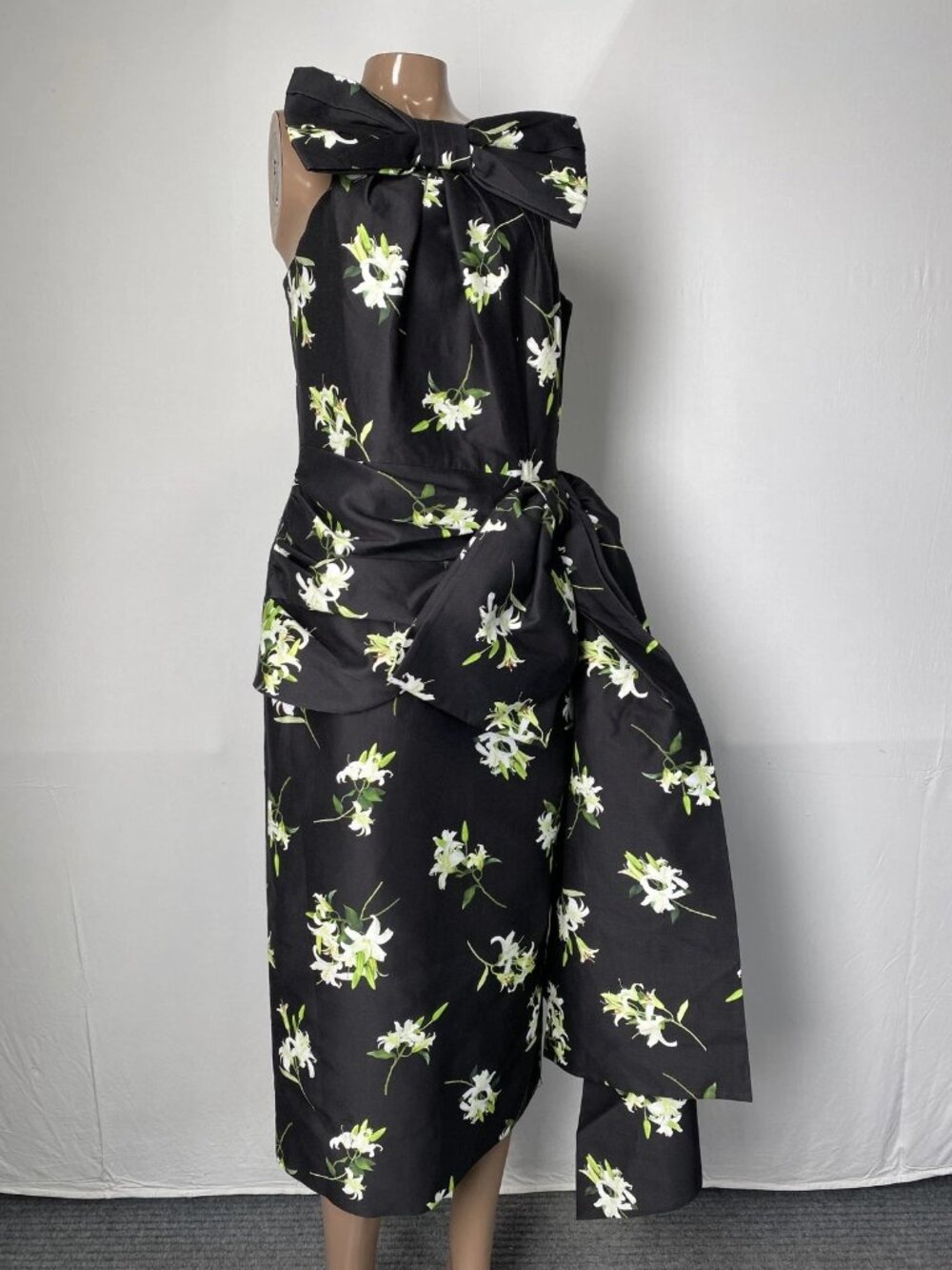 Shushu/Tong Womens Midi Dress Black Size 4 Big Bow Pleated Floral